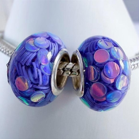 Jewelry - Purple Iridescent Confetti Silver Bead Charm Fits Snake Chain Bracelet